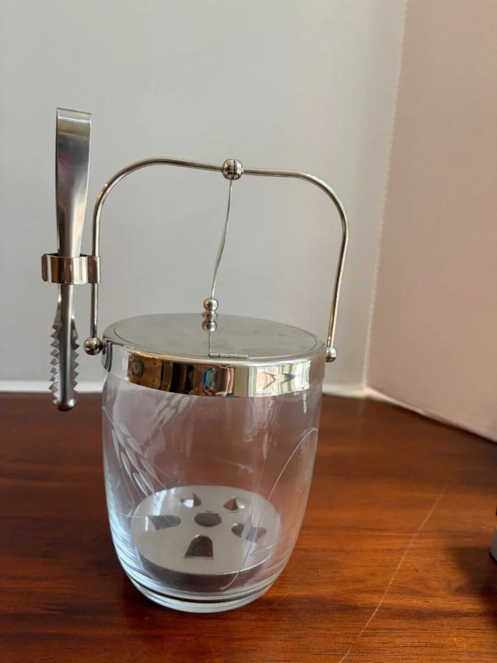 Vintage Sasaki Etched Glass Ice Bucket Small Metal Handle and Tongs